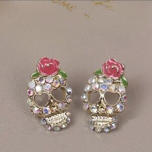 Rose Skull With Aurora Borealis Crytals Embellished Stud Earrings New